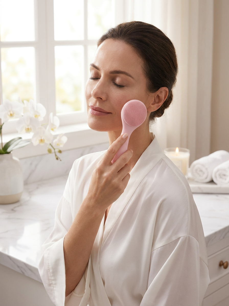 Woman using Olivia Rose silicone cleansing brush